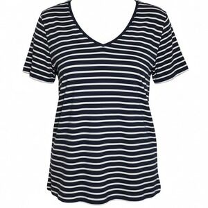 J Jill Womens XL Petite Tee Navy White Striped Pima Cotton V Neck Elbow Sleeve